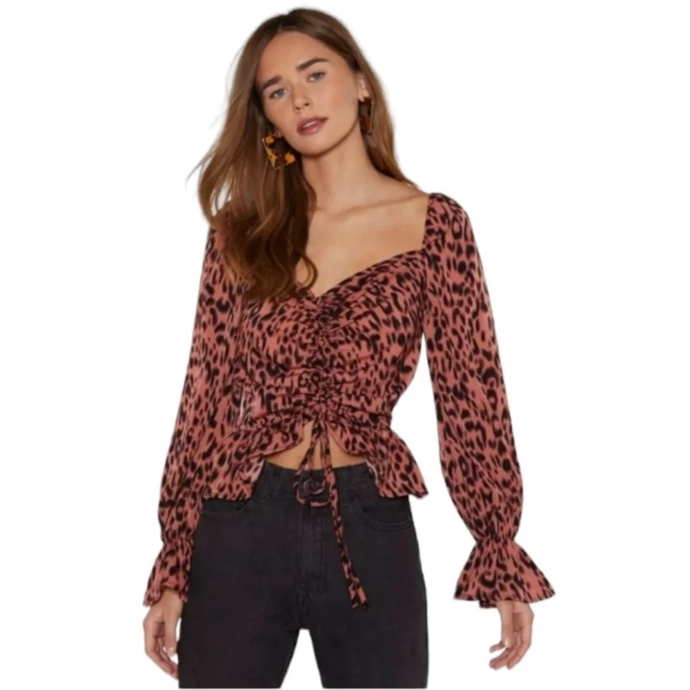 Nasty Gal Leopard Print Ruched Puff Sleeve Blouse Size 6
